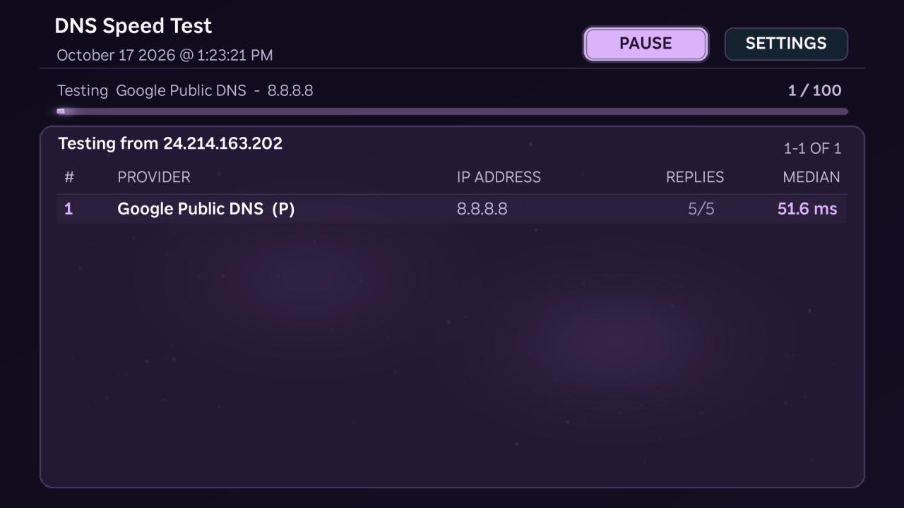 DNS Speed Test testing Google Public DNS with progress and response time in a purple theme